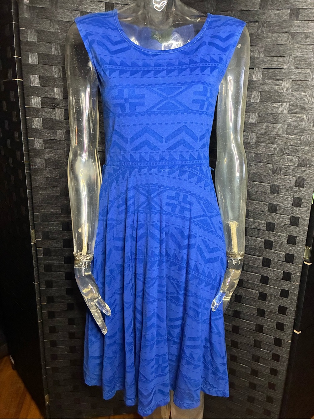 Y2K Lauren Ralph Lauren Royal Blue Sleeveless Midi Dress with Geometric Jacquard